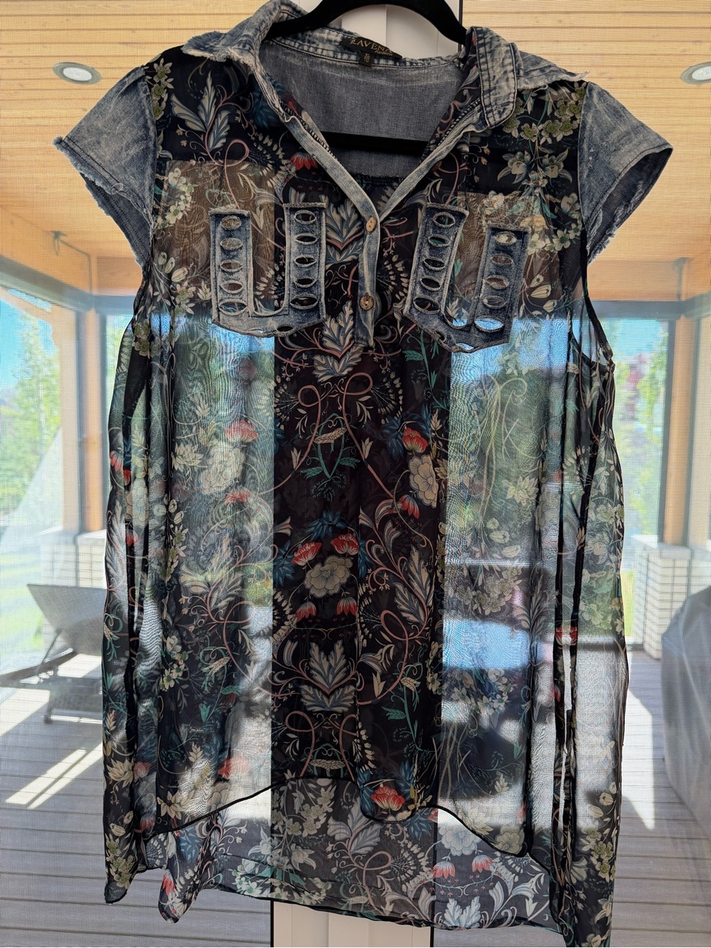 Lavena XL Sheer Floral Denim-Look Mixed Media Tunic Top
